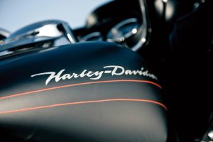 Tight shot on gas tank of a Harley Davidson motorcycle.