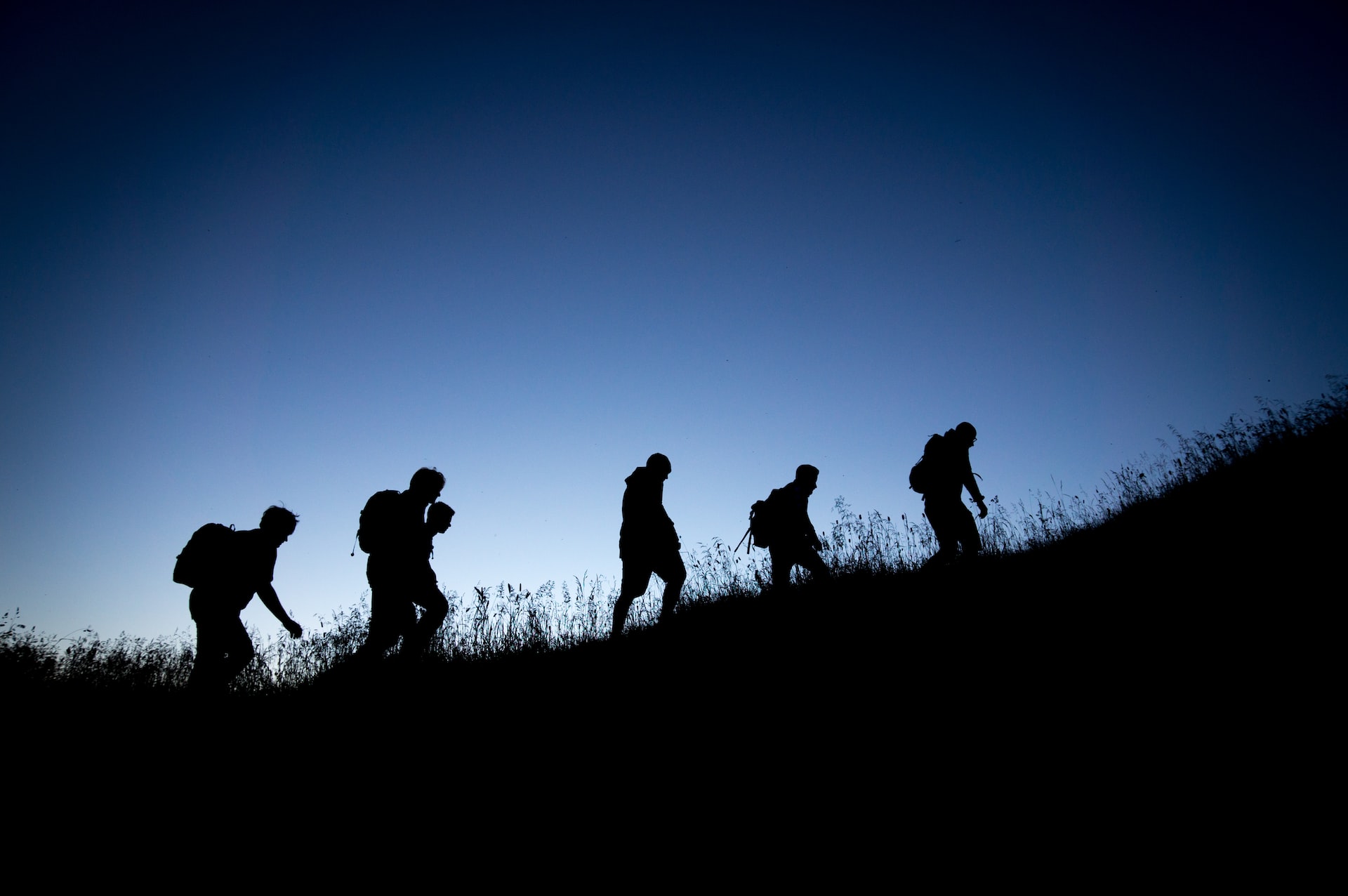 Silhouette of a group of hikers climbing a hill.