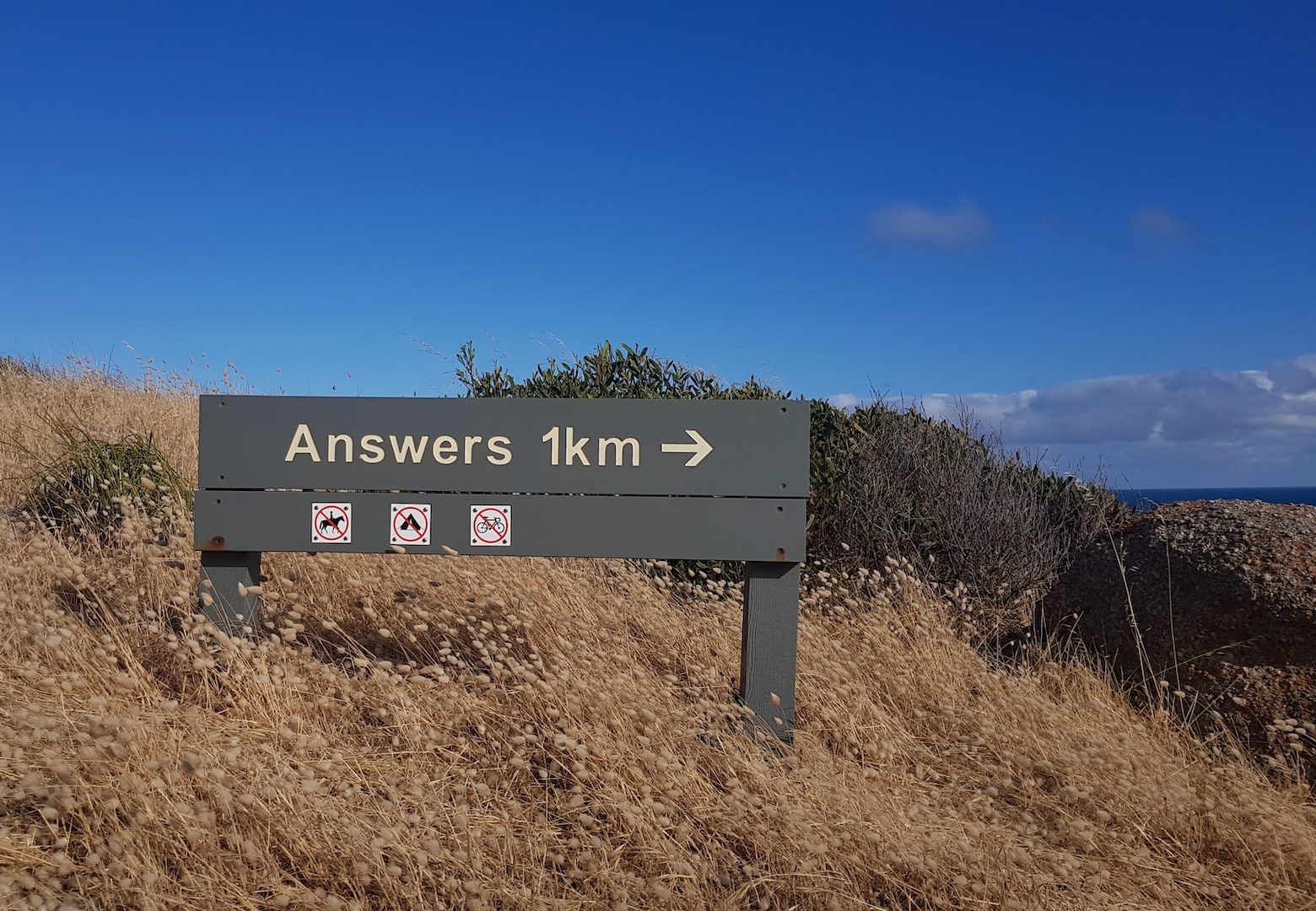 Sign post that reads, "answers" pointing off frame to the right.